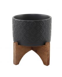 5inch Indian Ceramic Planter ON WOOD STAND MATTE BLACK